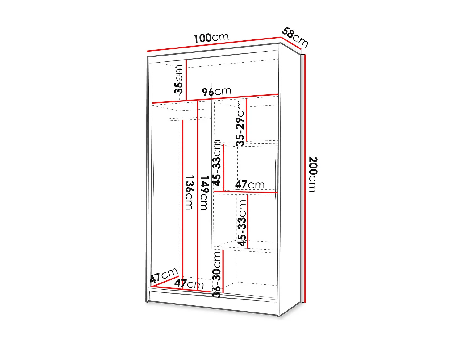 Armoire Closico Fractor IV, Noir|Blanc, 200x100x58cm, Portes d'armoire: Coulissantes