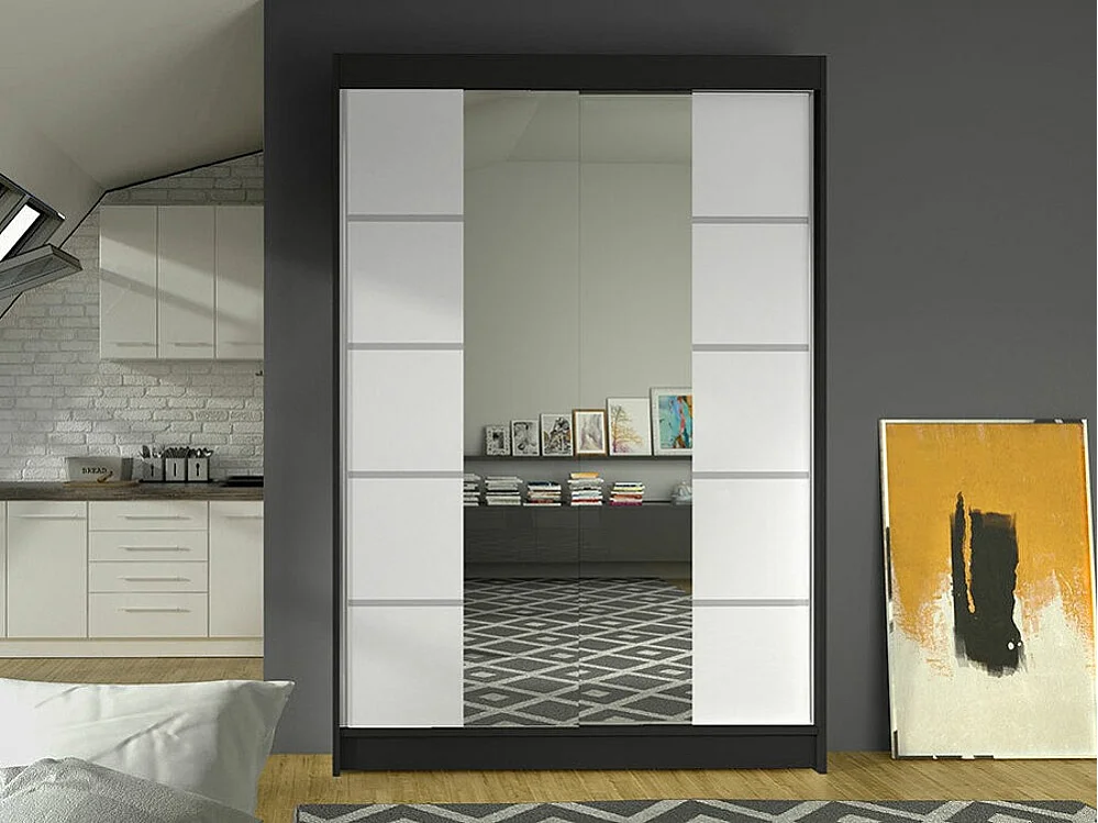 Armoire Closico 151, Blanc|Noir, 200x120x58cm, Portes d'armoire: Coulissantes