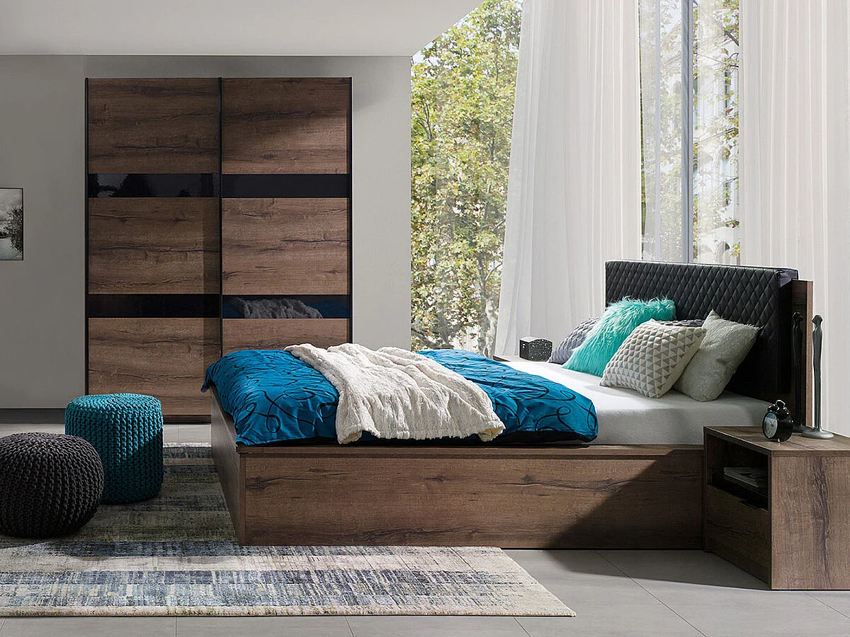 Armoire Fivelbo 109, Noir brillant|Chêne du Monastery, 215x150x69cm, Nombre d'étagères: 5