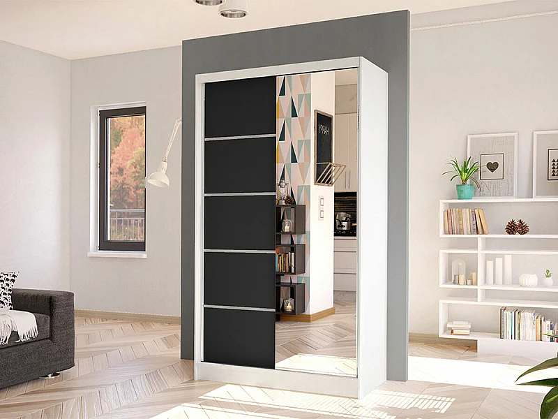 Armoire Closico 166, Blanc|Noir, 200x100x58cm, Portes d'armoire: Coulissantes