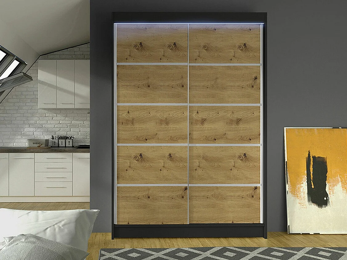 Armoire Closico 150, Chêne Artisan|Noir, 200x120x58cm, Portes d'armoire: Coulissantes