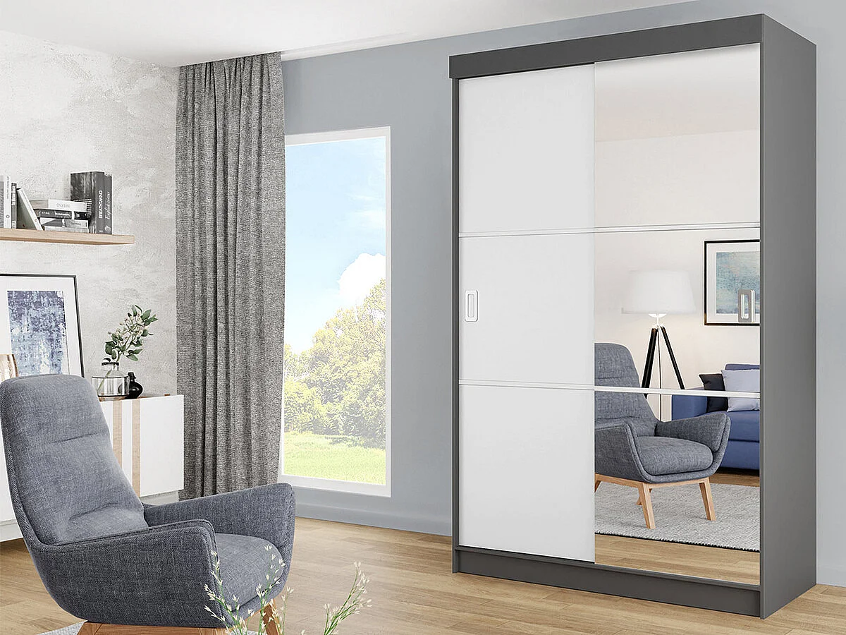 Armoire Dover 111, Graphite|Blanc, 205x138x60cm, Portes d'armoire: Coulissantes