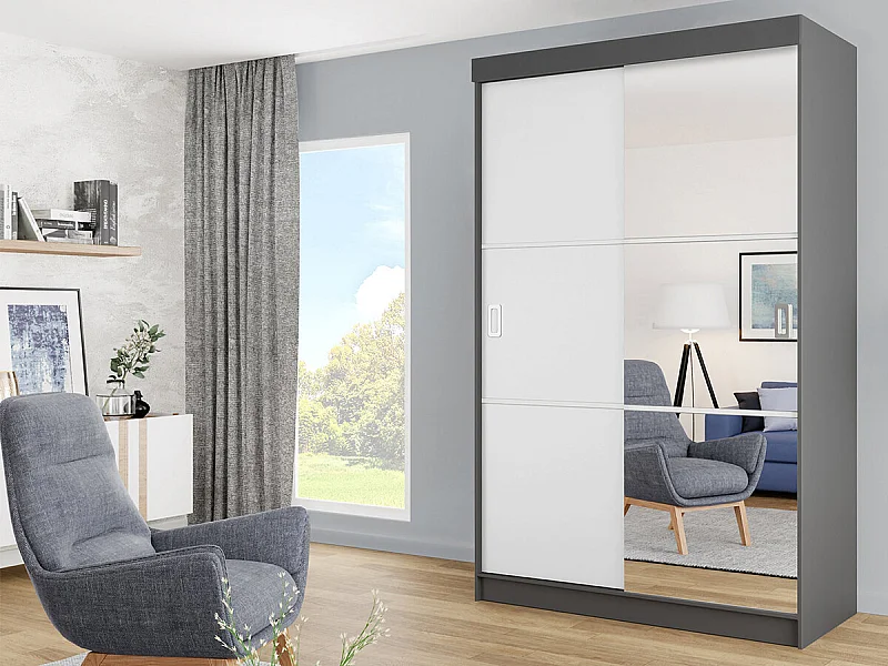 Armoire Dover 111, Graphite|Blanc, 205x138x60cm, Portes d'armoire: Coulissantes