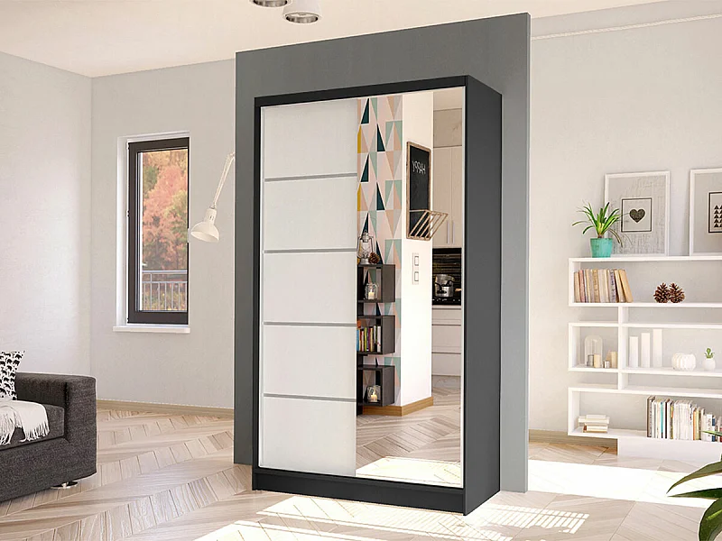 Armoire Closico 166, Blanc|Noir, 200x100x58cm, Portes d'armoire: Coulissantes