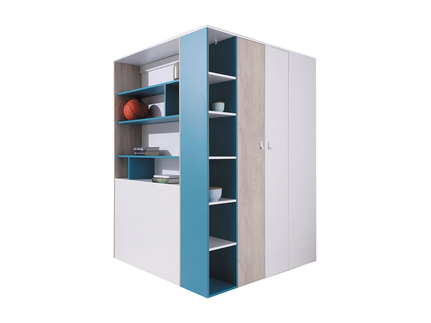 Armoire d'angle Camteso 113, Blanc|Turquoise|Chêne, 190x135x135cm, Nombre d'étagères: 12