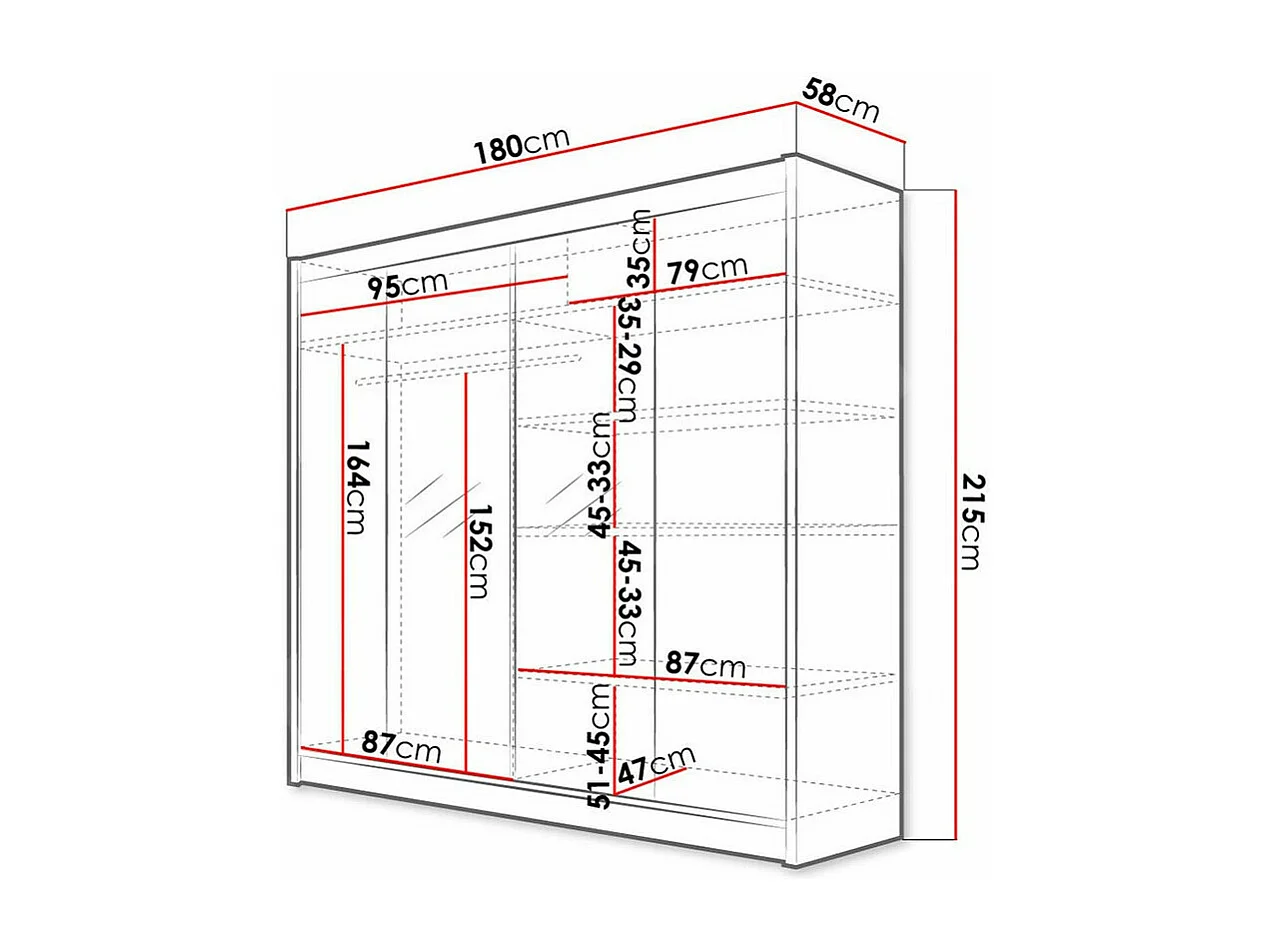 Armoire Closico 138, Blanc|Noir, 215x180x58cm, Portes d'armoire: Coulissantes
