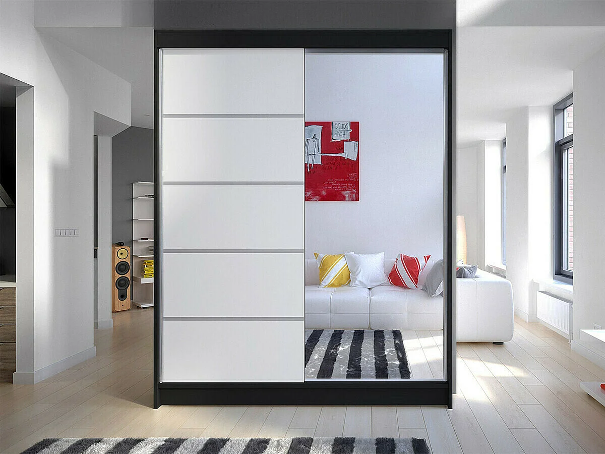 Armoire Closico 143, Noir|Blanc, 200x150x58cm, Portes d'armoire: Coulissantes