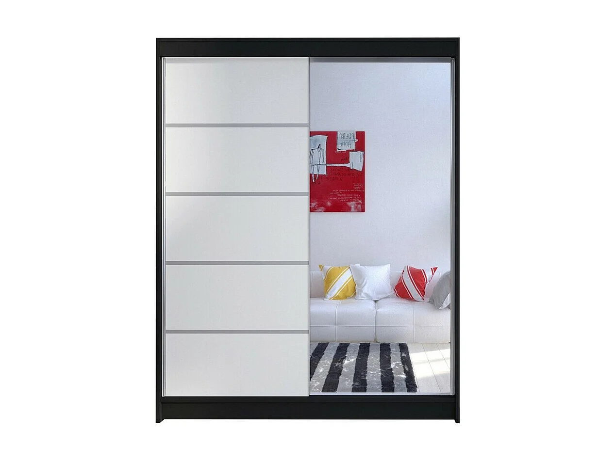 Armoire Closico 143, Noir|Blanc, 200x150x58cm, Portes d'armoire: Coulissantes