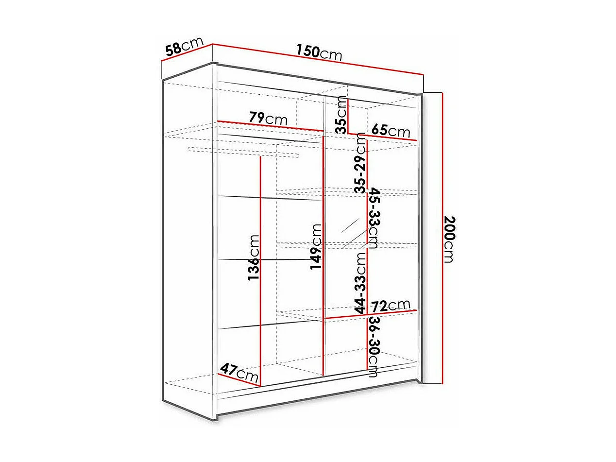 Armoire Closico 143, Noir|Blanc, 200x150x58cm, Portes d'armoire: Coulissantes