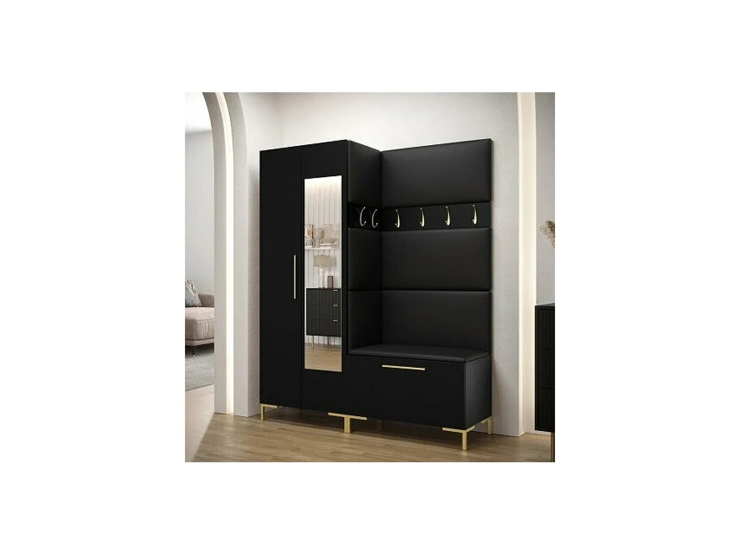 Armoire Nomal I, Doré|Noir, 196x74x44cm, Portes d'armoire: Avec des charnières