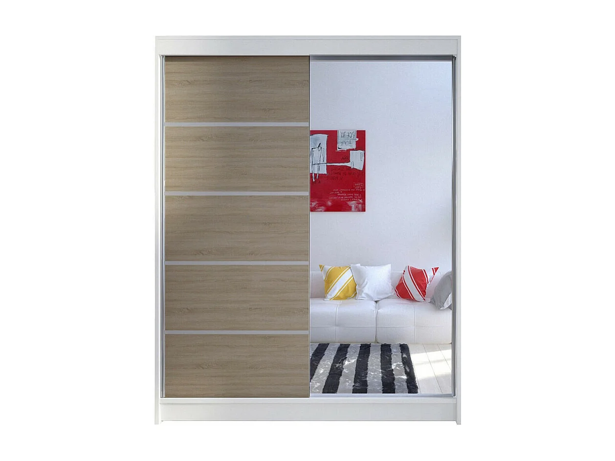 Armoire Closico 143, Sonoma chêne|Blanc, 200x150x58cm, Portes d'armoire: Coulissantes