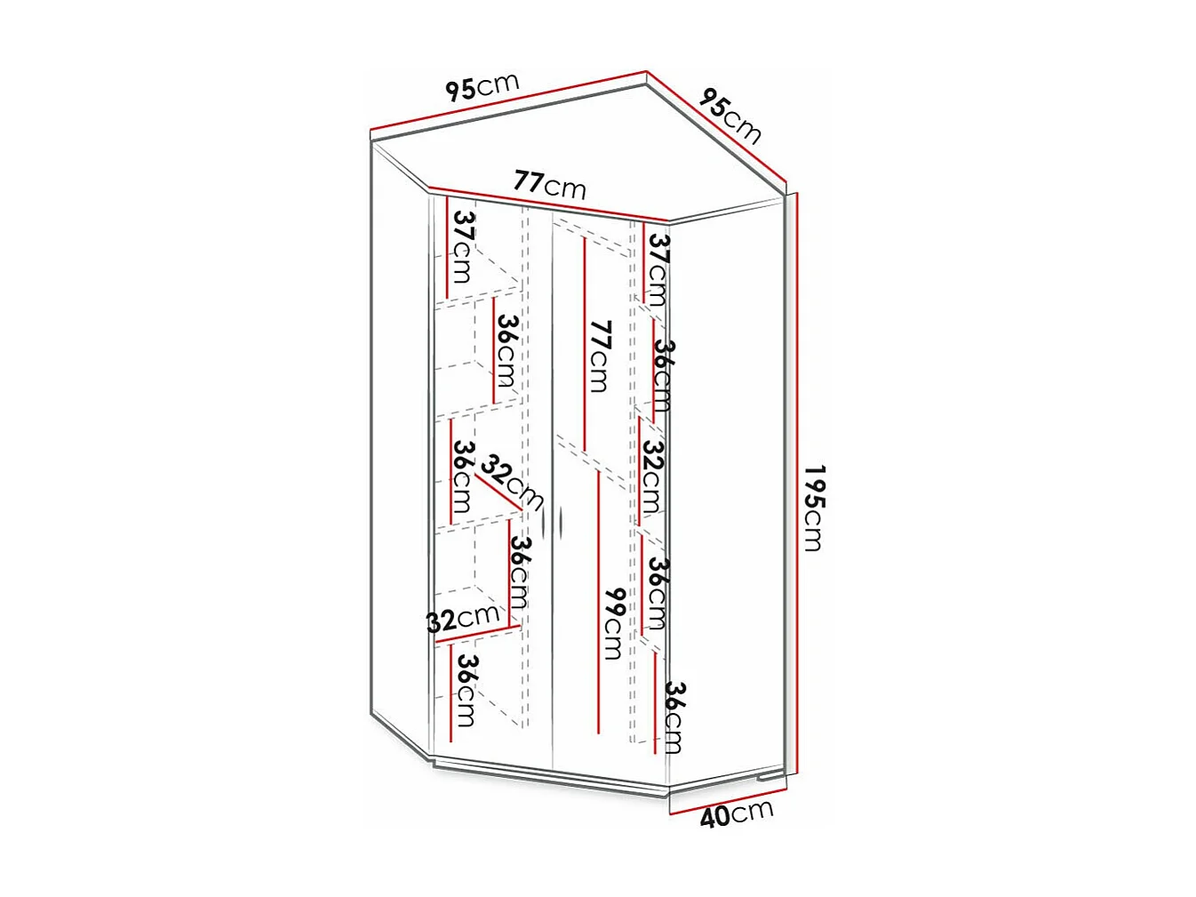 Armoire d'angle Orlveno 100, Chêne Artisan|Gris, 195x95x95cm, Nombre d'étagères: 8