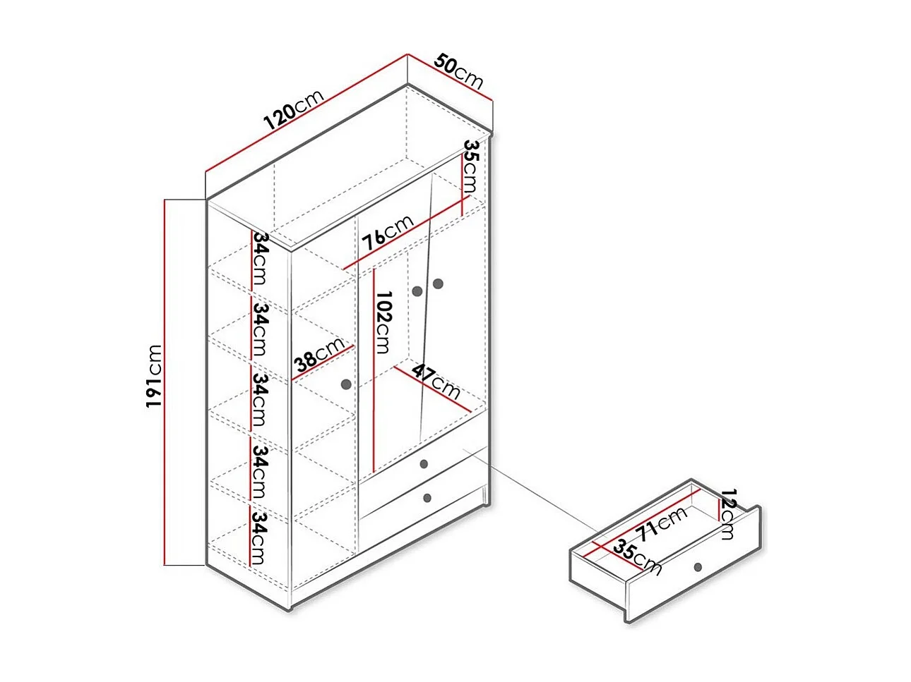 Armoire Almira 102, Blanc|Chêne Artisan, 191x120x50cm, Nombre d'étagères: 5