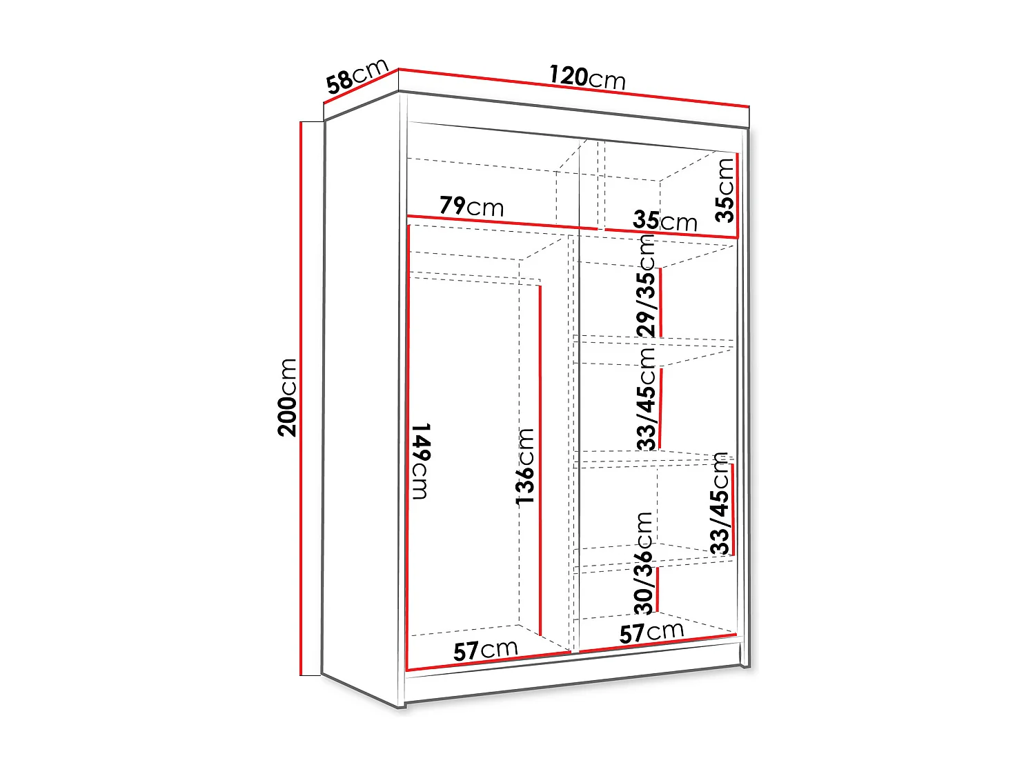 Armoire Closico 188, Noir|Blanc, 200x120x58cm, Portes d'armoire: Coulissantes
