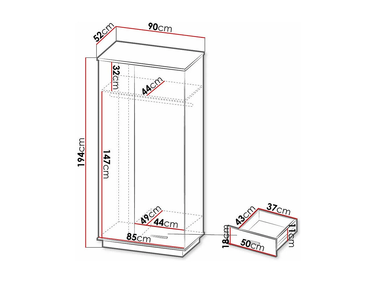 Armoire Tenodeu 100, Chêne wotan|Noir, 194x90x52cm, Portes d'armoire: Avec des charnières