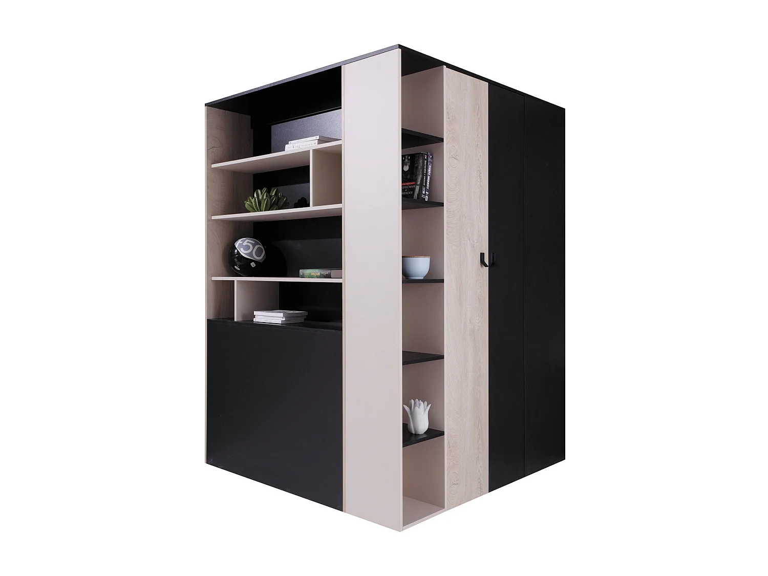 Armoire d'angle Camteso 113, Noir|Beige|Chêne, 190x135x135cm, Nombre d'étagères: 12