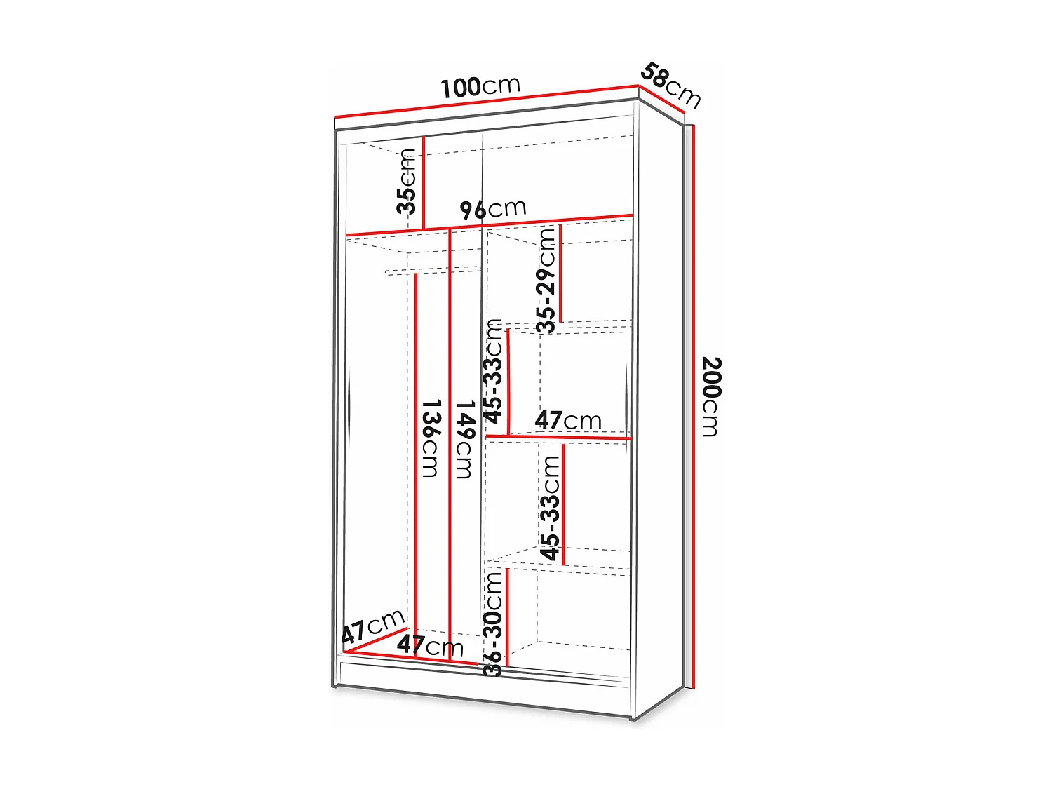 Armoire Closico 164, Noir|Blanc, 200x100x58cm, Portes d'armoire: Coulissantes
