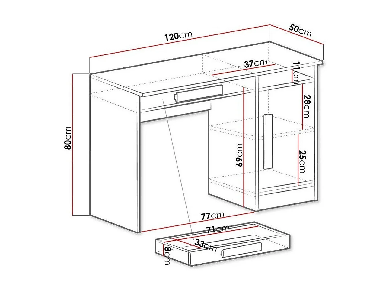 Bureau Merevari 100, Avec des portes|Avec tiroirs, Le nombre de portes: 1, 80x120x50cm