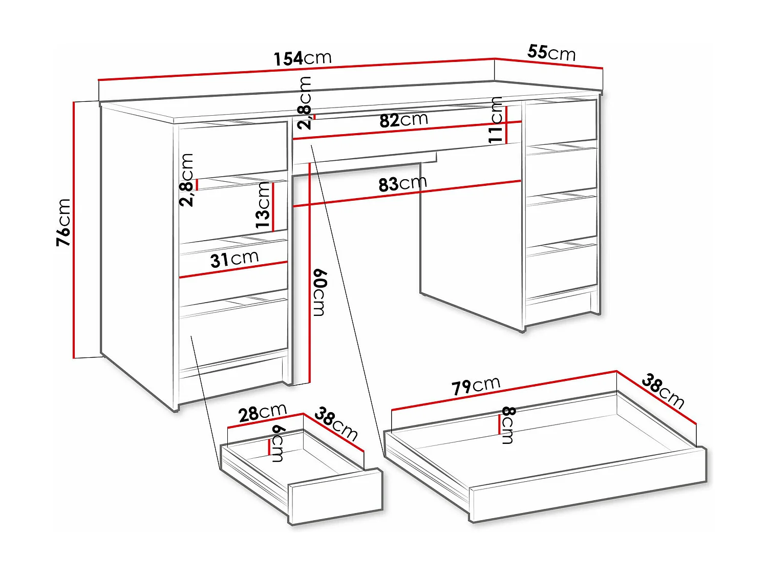 Bureau Comfivo 401, Avec tiroirs, 76x154x55cm, Blanc brillant|Blanc
