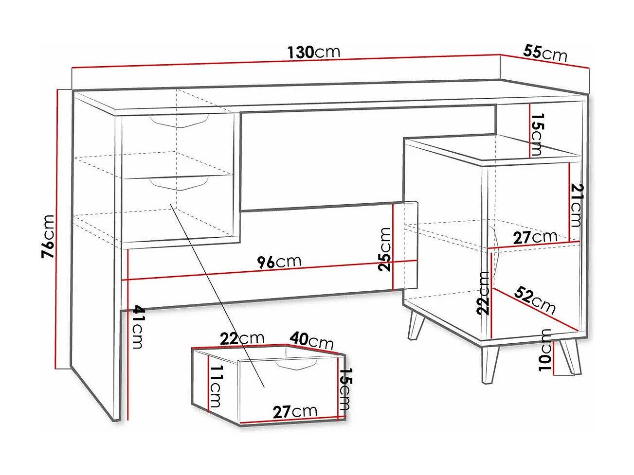 Bureau Domvera 112, Avec tiroirs|Avec des portes, Le nombre de portes: 1, 76x130x55cm