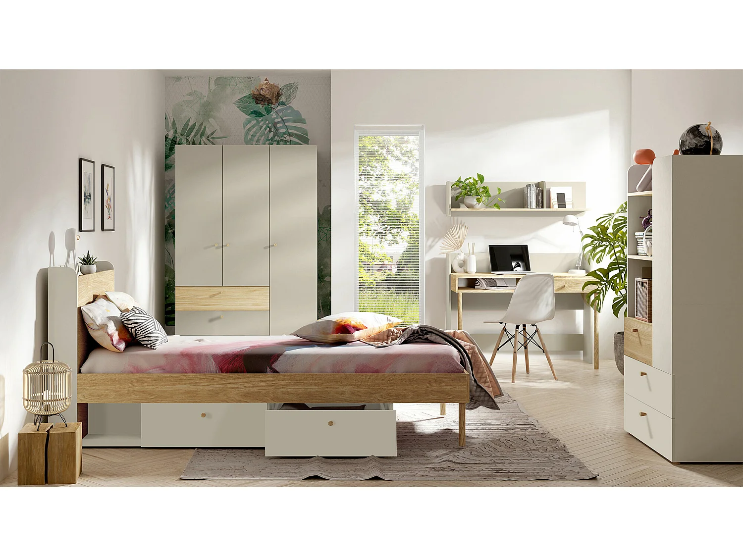 Bureau Domcali 110, Avec tiroirs, 76x124x60cm, Chêne|Beige