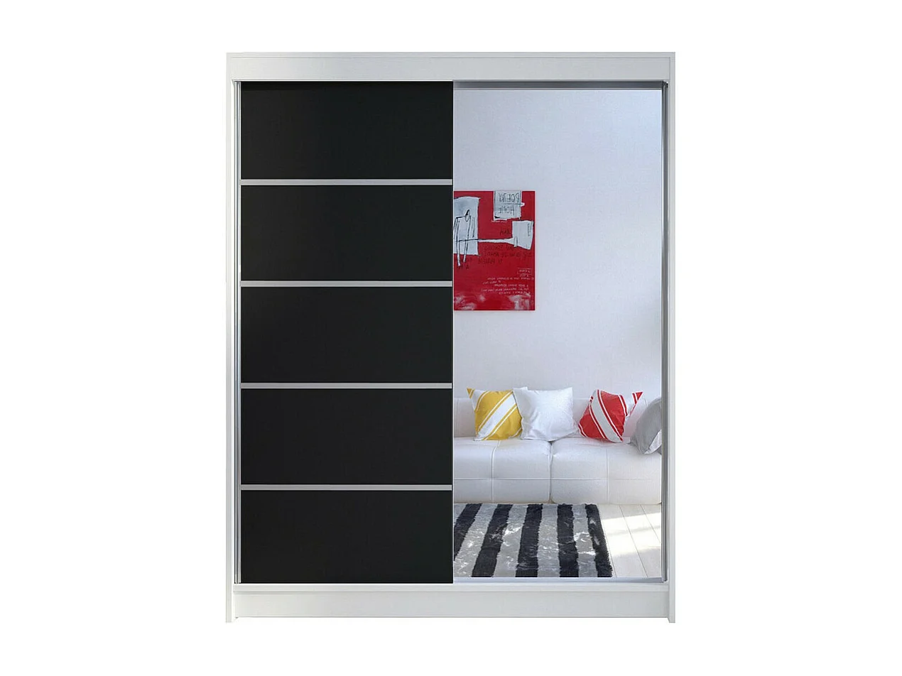 Armoire Closico 143, Blanc|Noir, 200x150x58cm, Portes d'armoire: Coulissantes