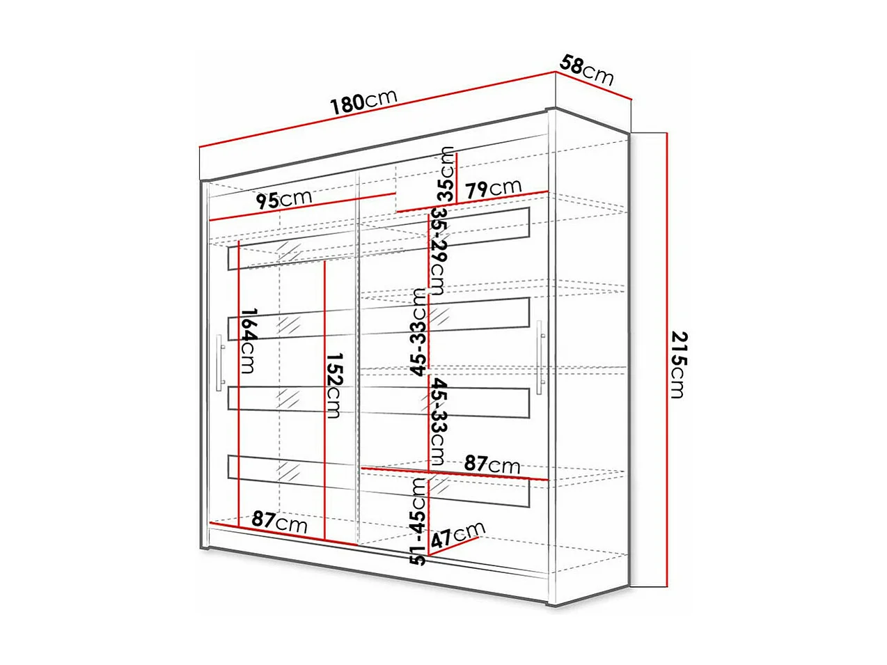 Armoire Closico 156, Blanc brillant|Noir, 215x180x58cm, Portes d'armoire: Coulissantes