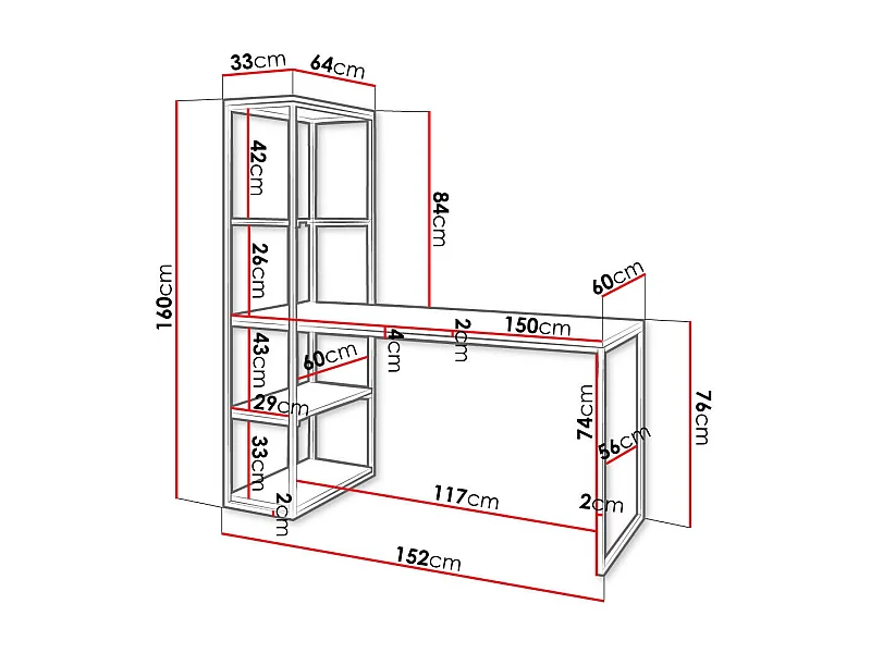 Bureau Oswego 107, 76x152x64cm, Noir|Blanc