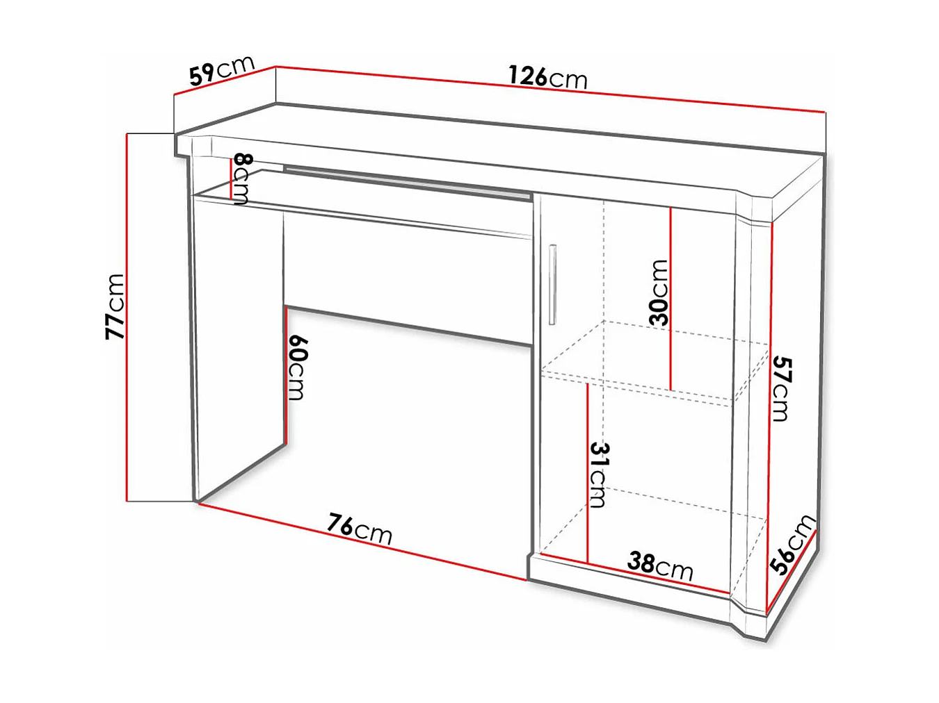 Bureau Lorelie 112, Avec des portes|Étagère à clavier, Le nombre de portes: 1, 77x126cm