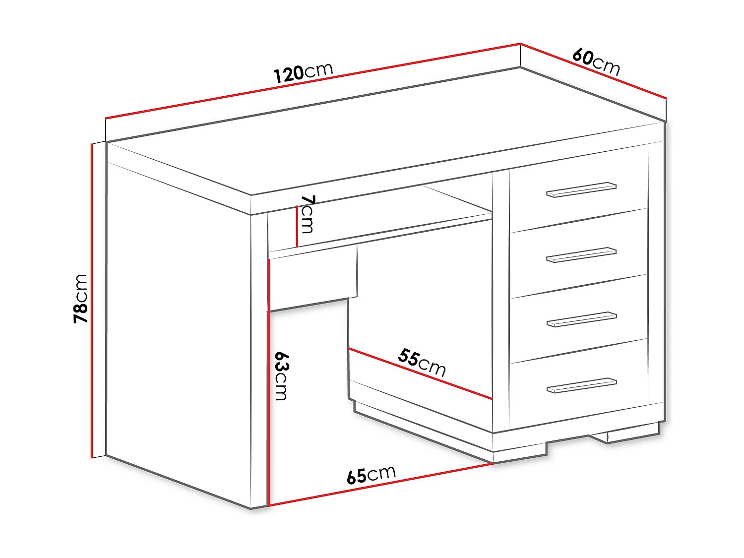 Bureau Fiomeri 120, Étagère à clavier|Avec tiroirs, Nombre de tiroirs: 4, 78x120x60cm