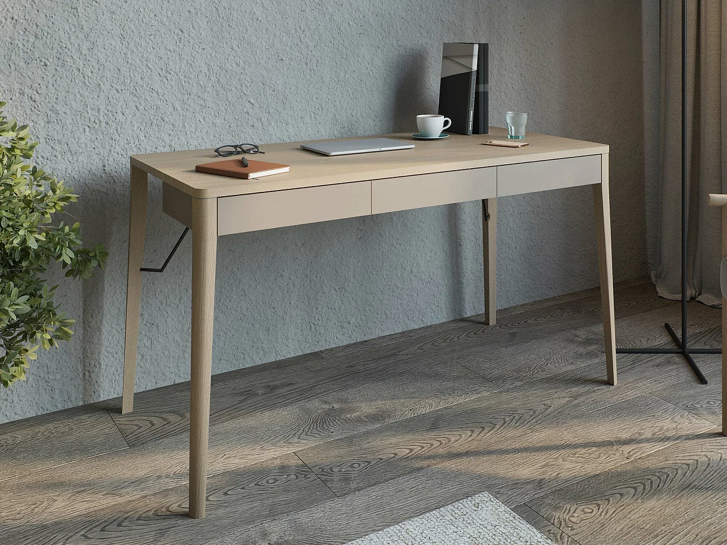 Bureau Fresno 162, Avec tiroirs, 77x139x71cm, Chêne clair|Beige