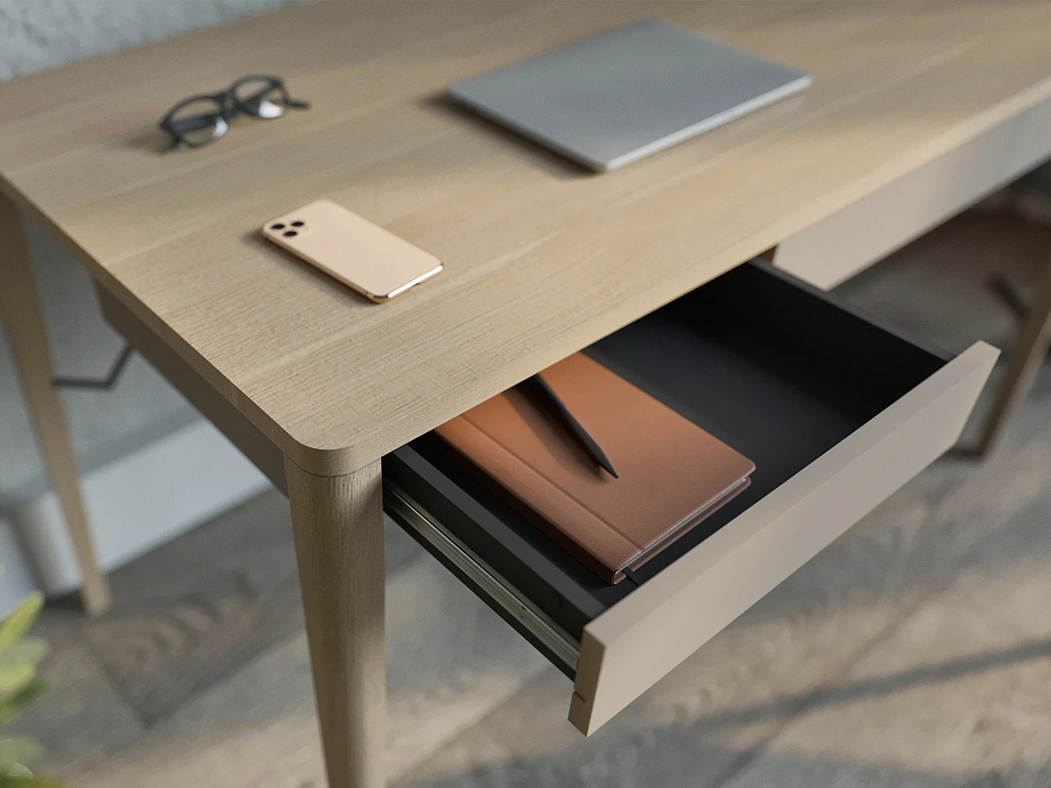 Bureau Fresno 162, Avec tiroirs, 77x139x71cm, Chêne clair|Beige