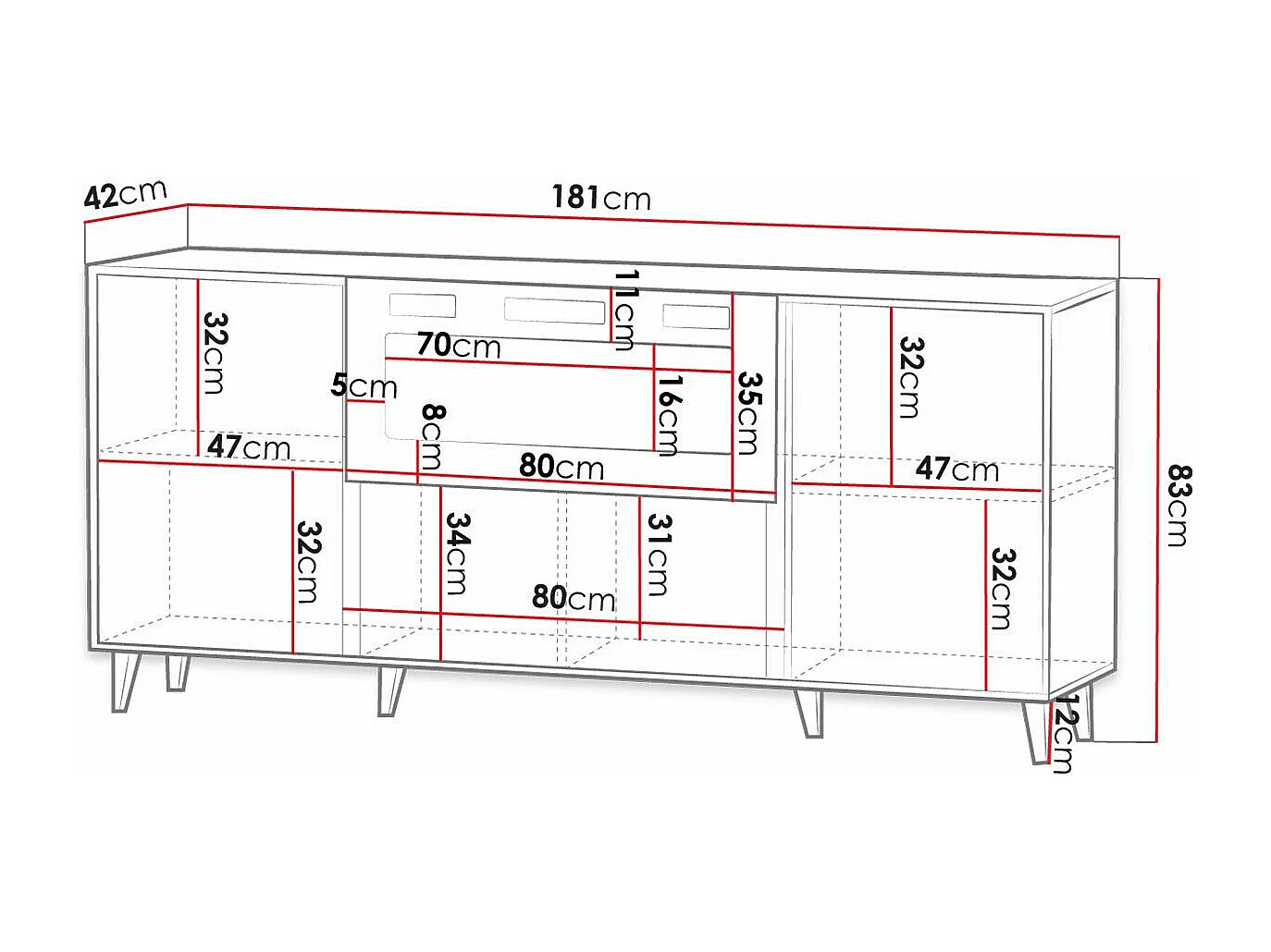 Buffet Levmari 104, Blanc|Noir, 83x181cm, Le nombre de portes: 242cm, MDF|Stratifié