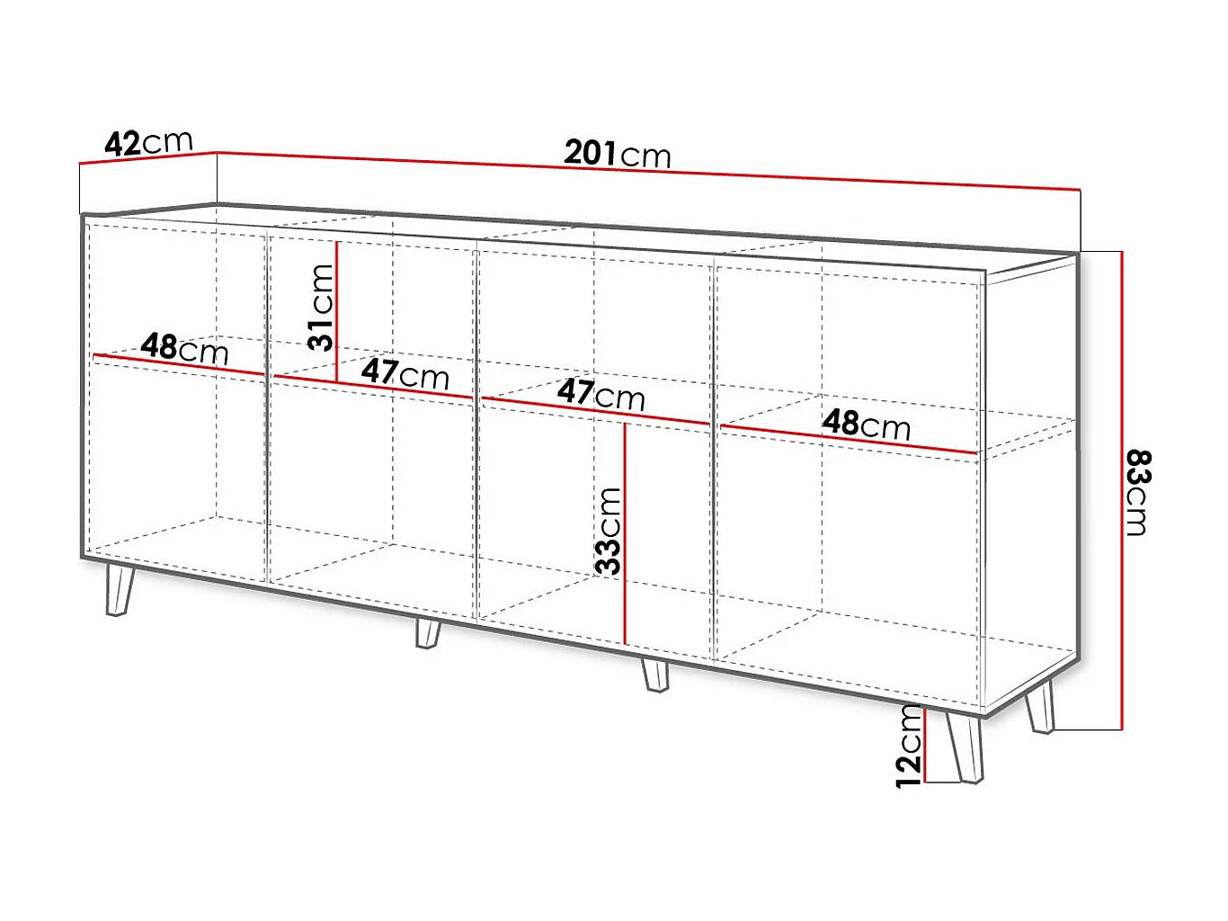 Buffet Charlotte 180, Blanc|Noir, 83x201cm, Le nombre de portes: 442cm, Stratifié|MDF