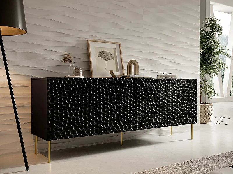 Buffet Charlotte 170, Noir|Doré, 75x190cm, Le nombre de portes: 441cm, MDF|Stratifié