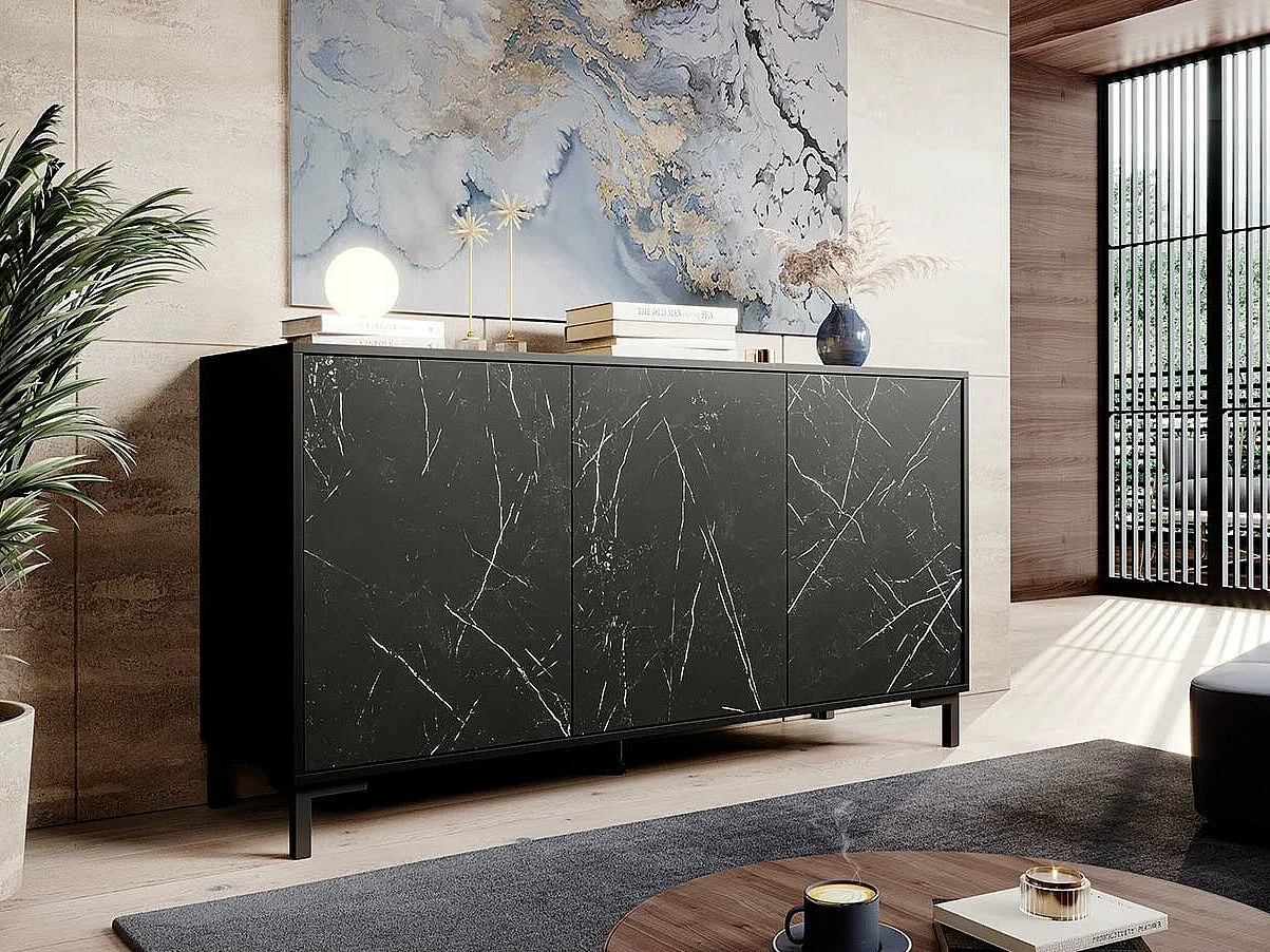 Buffet Charlotte 159, Marbre noir|Noir, 81x150cm, Le nombre de portes: 345cm, Stratifié