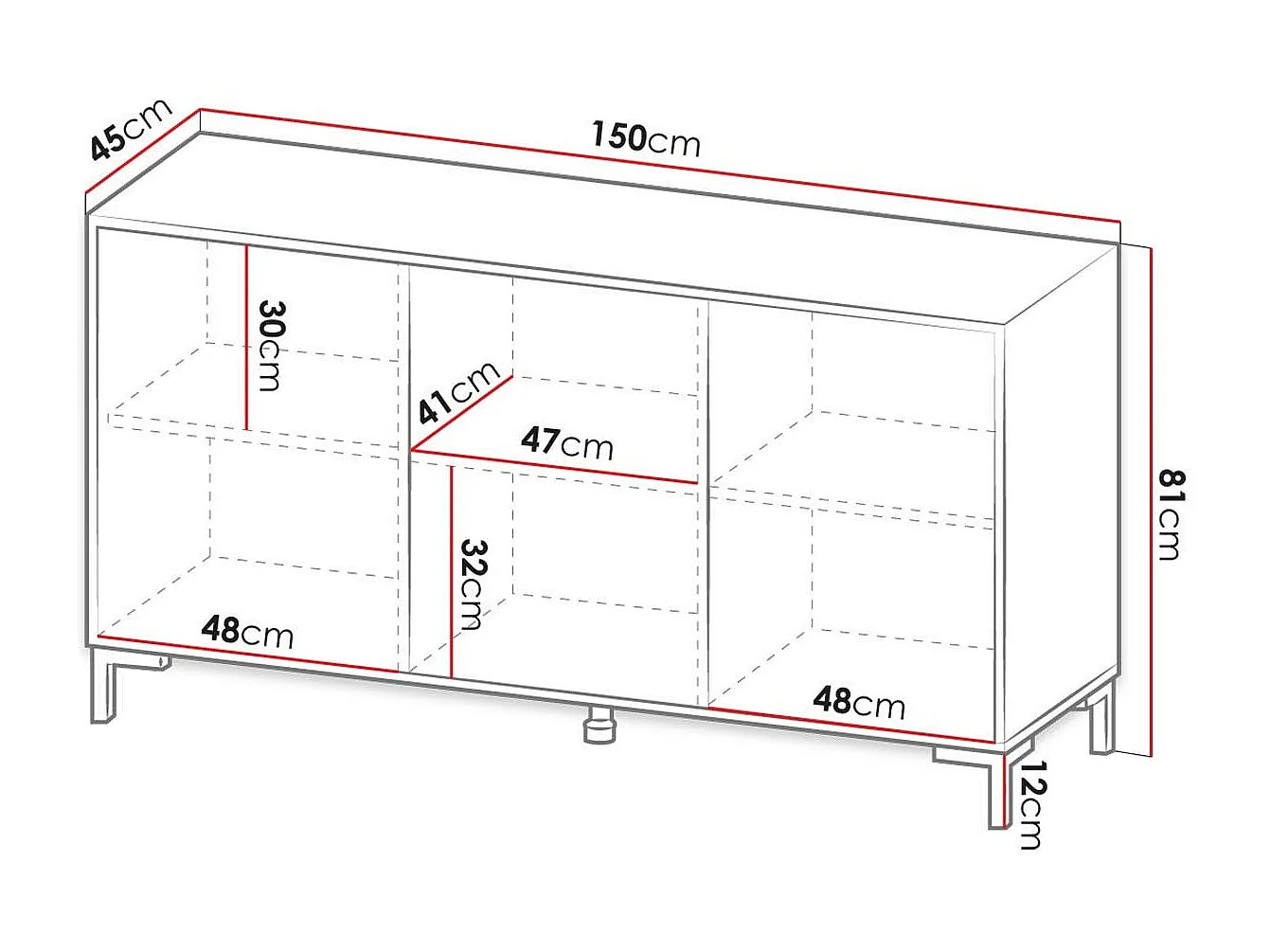 Buffet Charlotte 159, Marbre noir|Noir, 81x150cm, Le nombre de portes: 345cm, Stratifié