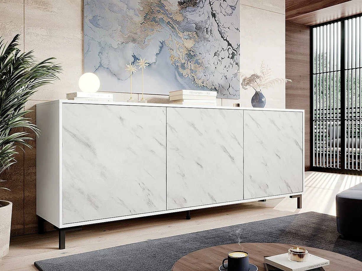 Buffet Charlotte 158, Marbre blanc|Blanc, 81x200cm, Le nombre de portes: 345cm, Stratifié