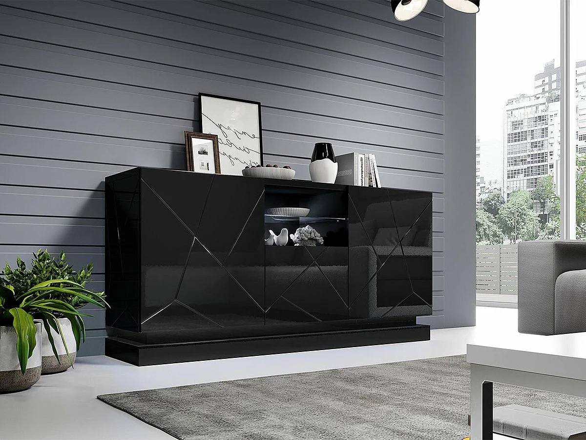 Buffet Charlotte 186, Noir|Noir brillant, 75x150cm, Le nombre de portes: 342cm, MDF
