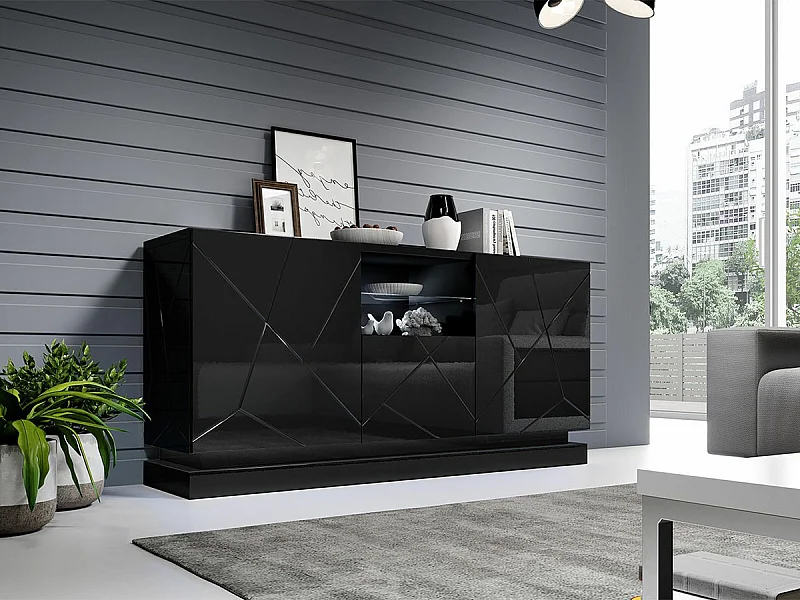 Buffet Charlotte 186, Noir brillant|Noir, 75x150cm, Le nombre de portes: 342cm, MDF