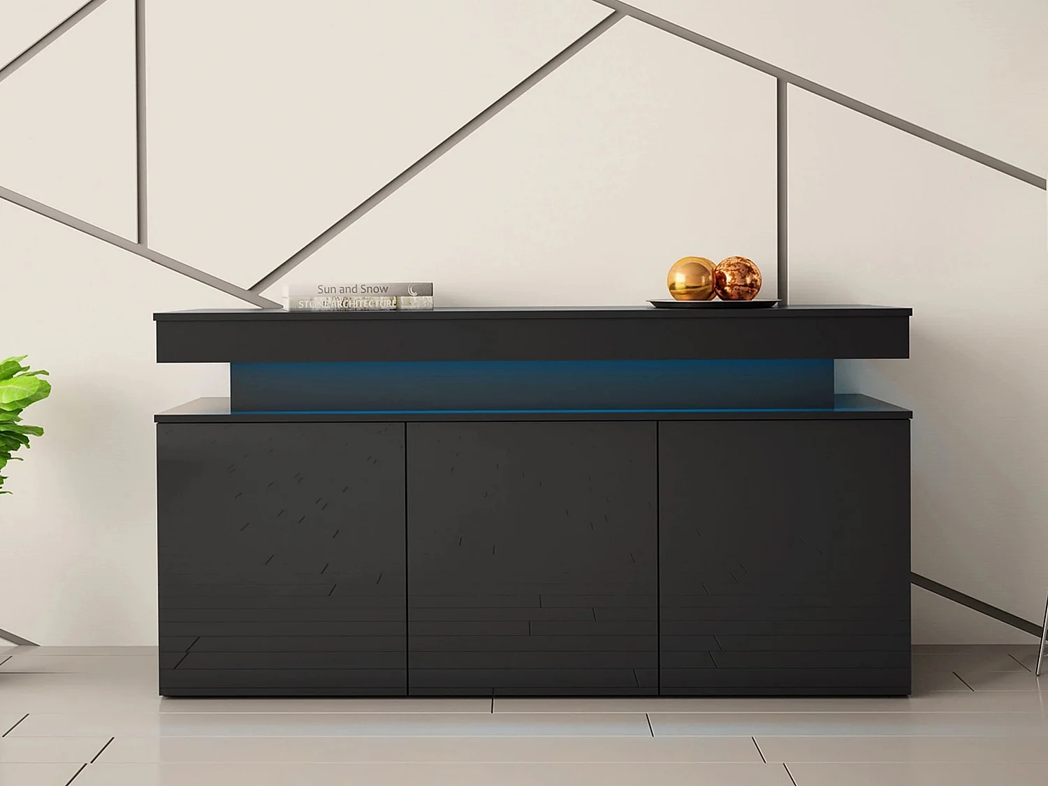 Buffet Monfero 101, Noir brillant|Noir, 83x160x39cm, Stratifié|MDF