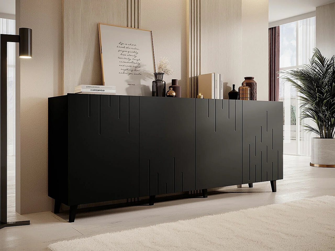 Buffet Charlotte 175, Noir, 82x200cm, Le nombre de portes: 442cm, MDF|Stratifié