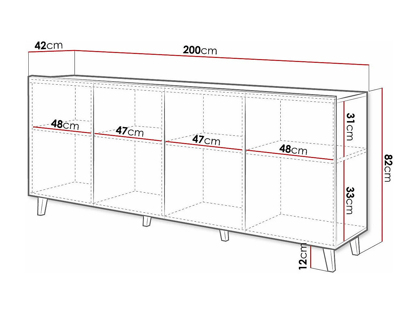 Buffet Charlotte 175, Noir, 82x200cm, Le nombre de portes: 442cm, MDF|Stratifié