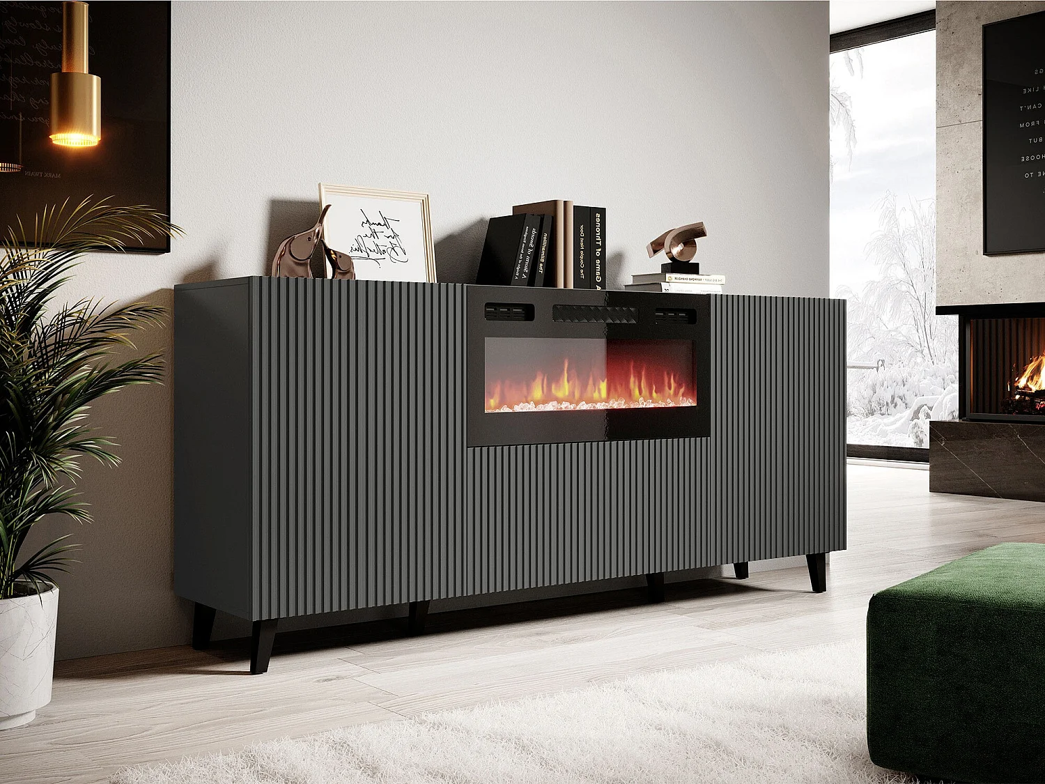 Buffet Remeta 106, Noir|Anthracite, 83x181cm, Le nombre de portes: 342cm, Stratifié|MDF