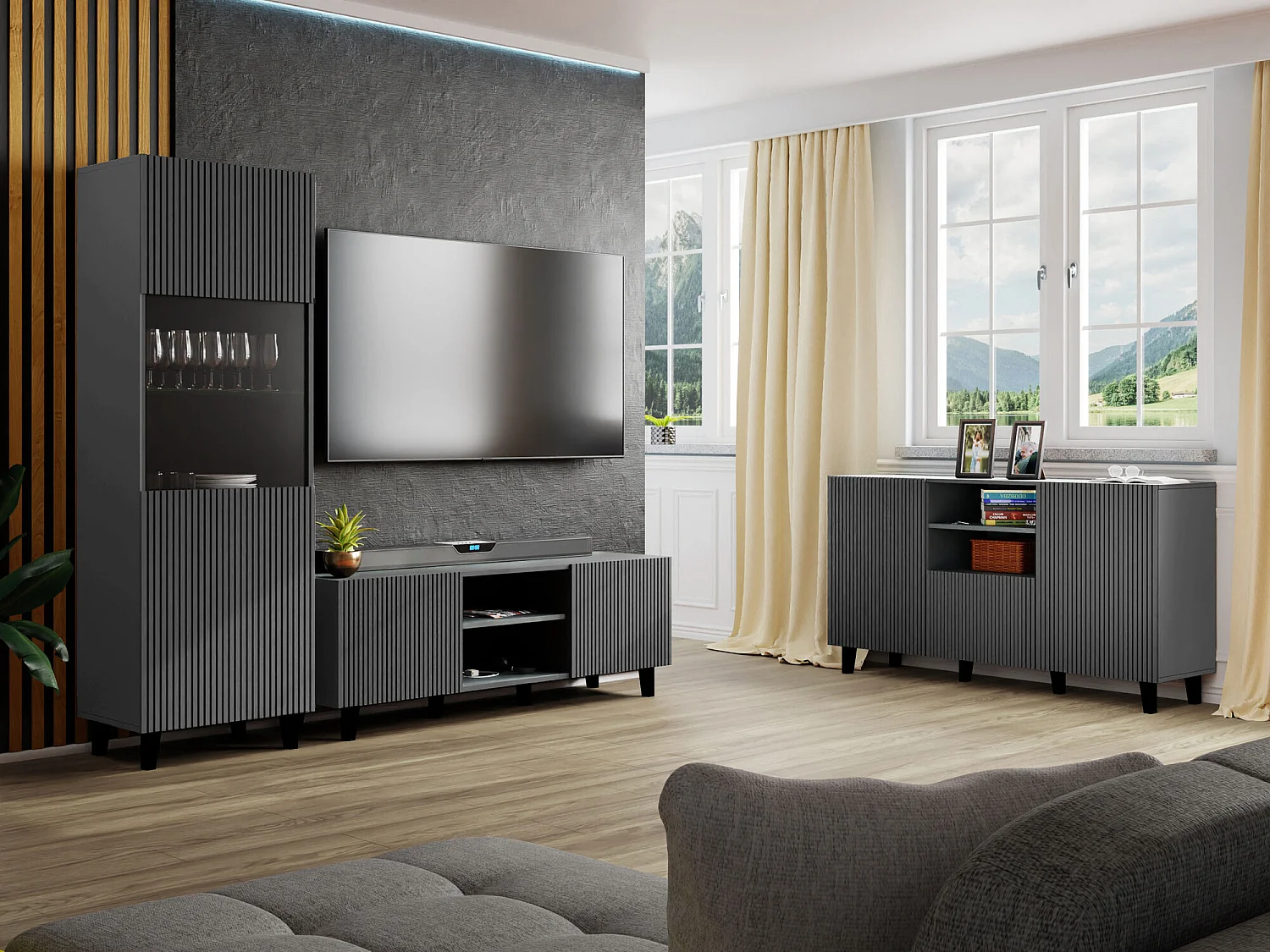 Buffet Remeta 106, Noir|Anthracite, 83x181cm, Le nombre de portes: 342cm, Stratifié|MDF