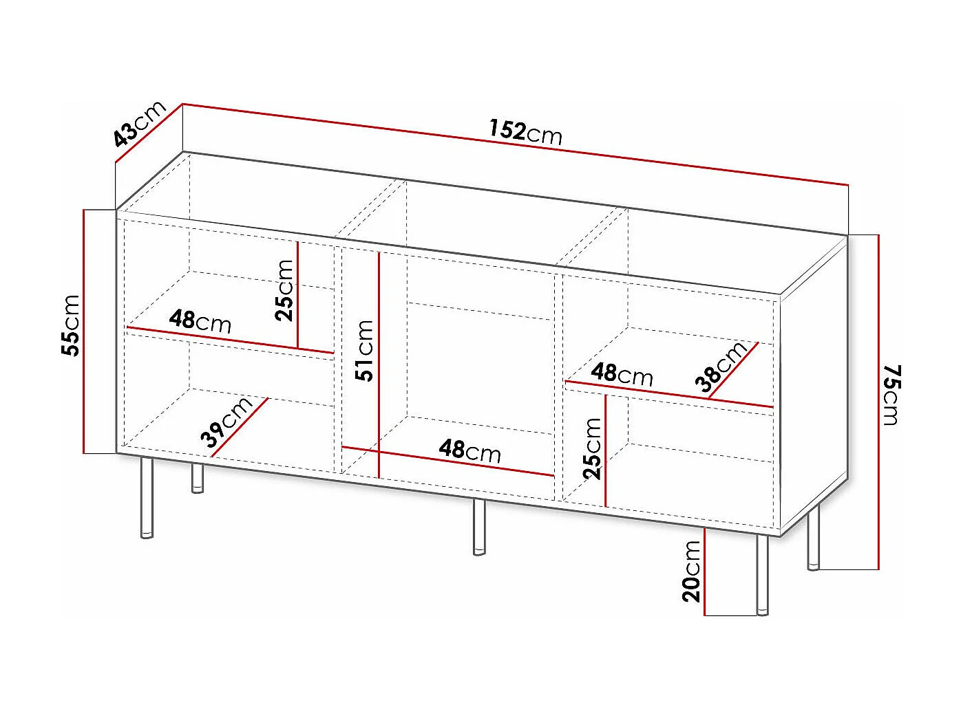 Buffet Charlotte 169, Blanc|Noir, 75x152cm, Le nombre de portes: 343cm, Stratifié|MDF