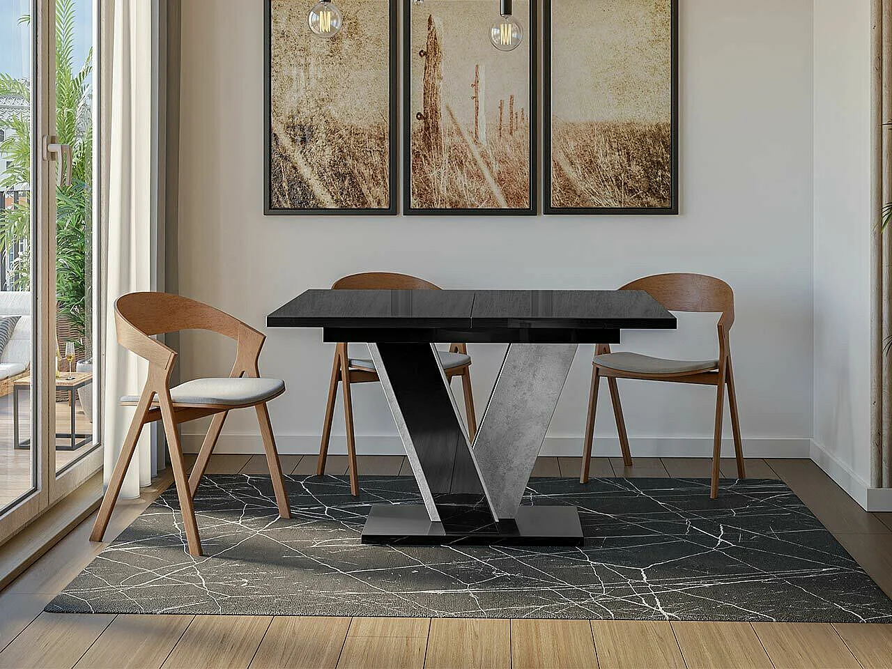 Table Goodyear 125, Noir brillant|Béton, 75x90x120cm, Disponible, Stratifié