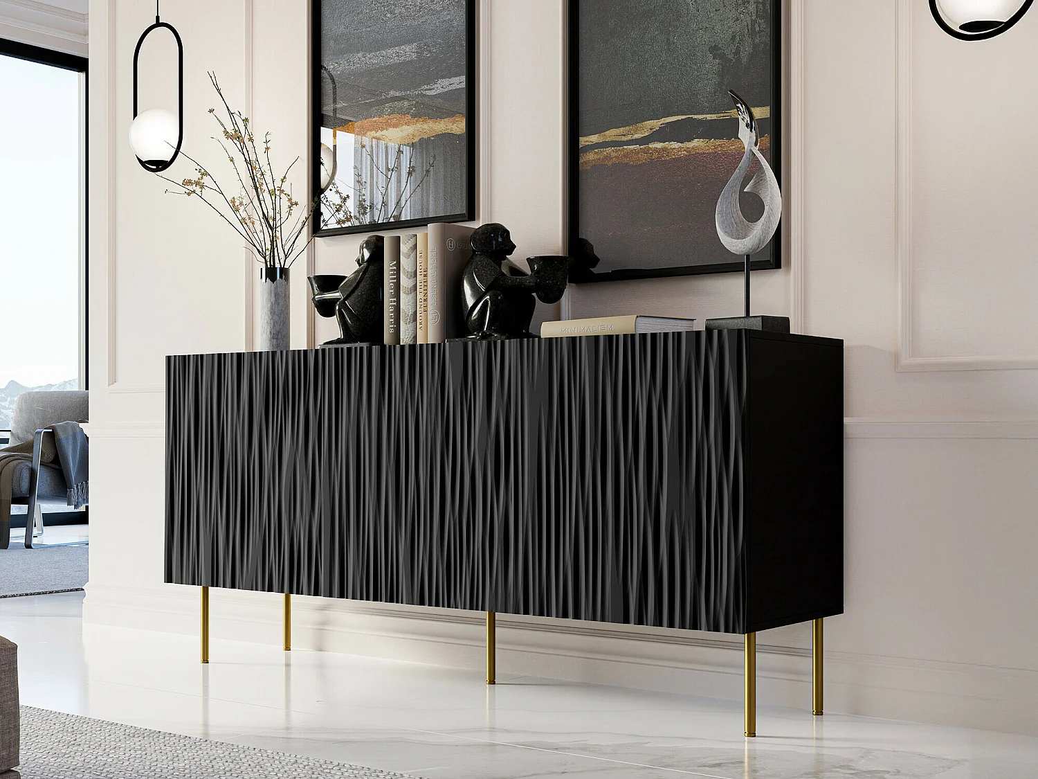 Buffet Lorelbo 100, Doré|Noir, 75x152cm, Le nombre de portes: 343cm, MDF|Stratifié