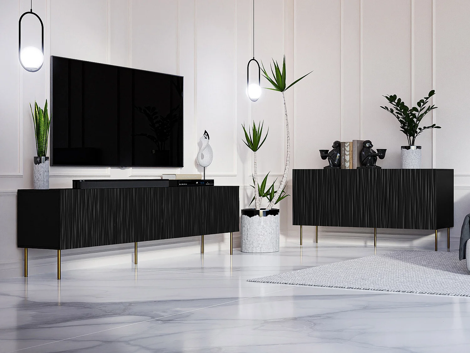 Buffet Lorelbo 100, Doré|Noir, 75x152cm, Le nombre de portes: 343cm, MDF|Stratifié