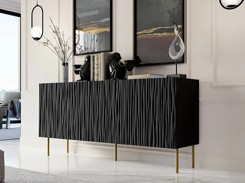 Buffet Lorelbo 100, Noir|Doré, 75x152cm, Le nombre de portes: 343cm, MDF|Stratifié